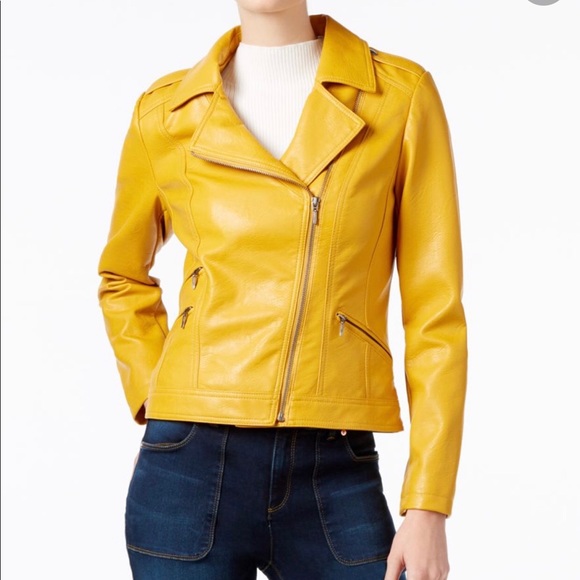 INC International Concepts Jackets & Blazers - INC Mustard Yellow Faux Leather Moto Jacket